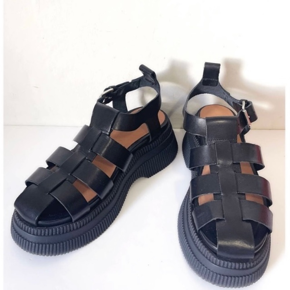 GANNI NWOT Creepers Grid Leather Fisherman Platform Sandal in Black Size 8